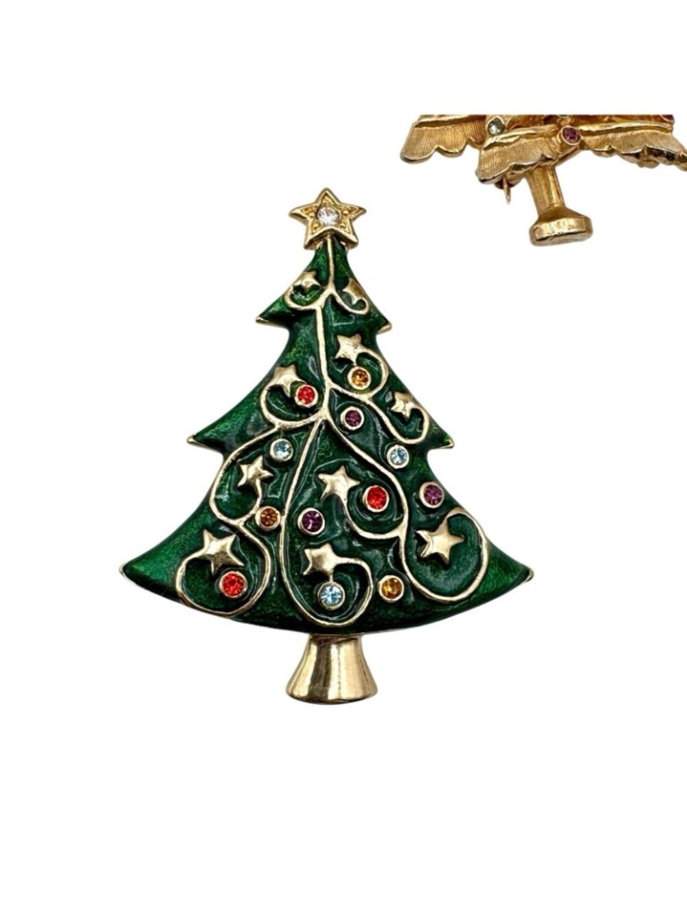 Christmas Tree Brooch Lot of 3 - MYLU Bell Enamel Rhinestone Gold Tone Tree - Picture 3 of 13
